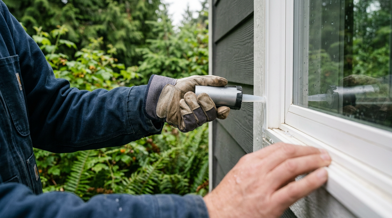 A close-up of a window seal being professionally repaired on a home in Newcastle, WA.