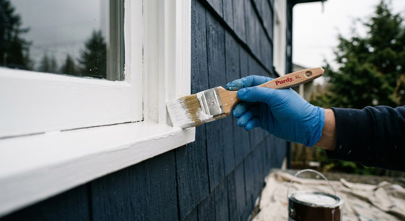 A close-up of a professional carefully painting the exterior trim of a home in Northgate, WA.