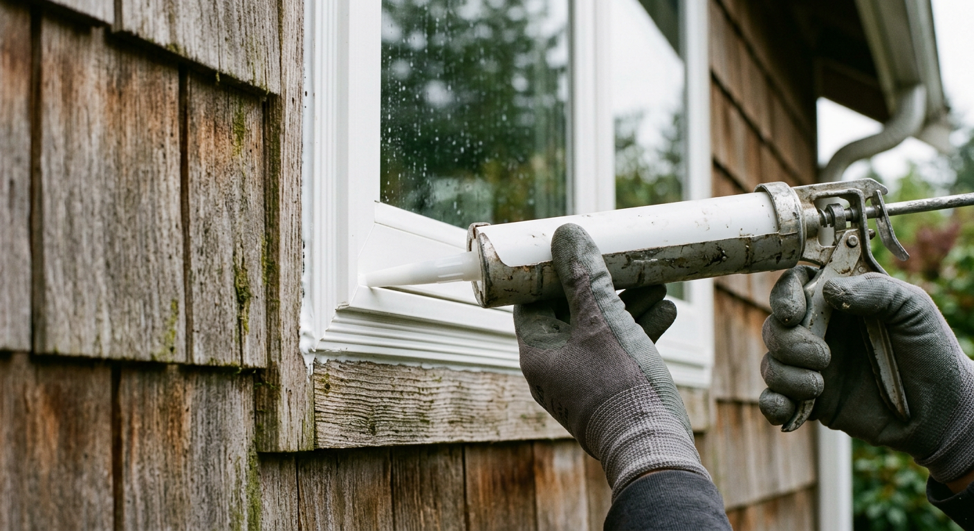Applying new sealant around a window on a Northgate home as part of a seasonal maintenance plan.