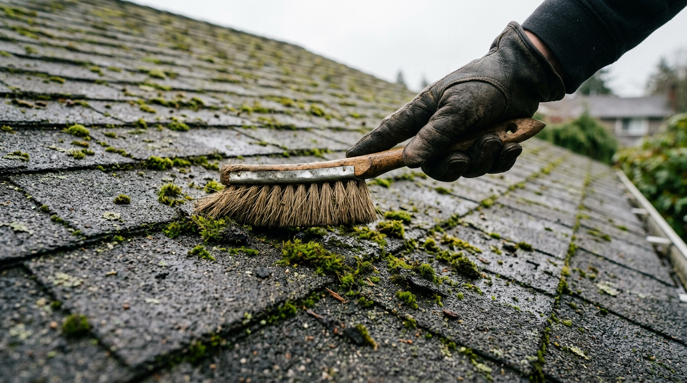 A close-up of a roof assessment in Northgate, showing moss being carefully brushed off architectural shingles.
