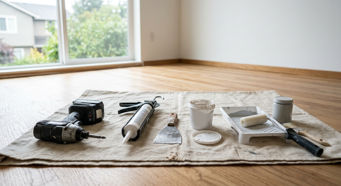 A set of tools for pre-sale home prep laid out on a drop cloth in an empty room of an Arlington home.