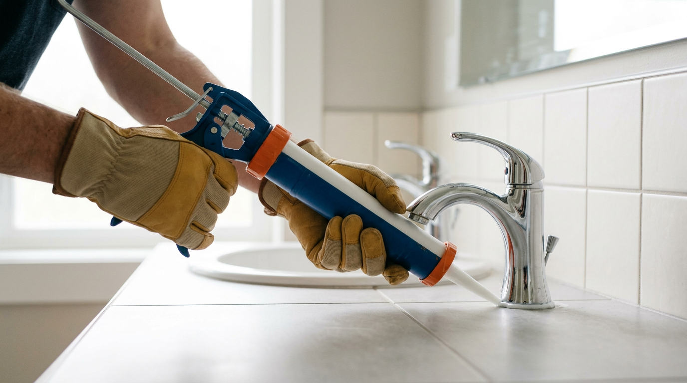 A handyman applies fresh caulk to a bathroom sink as part of pre-sale home prep in Arlington, WA.