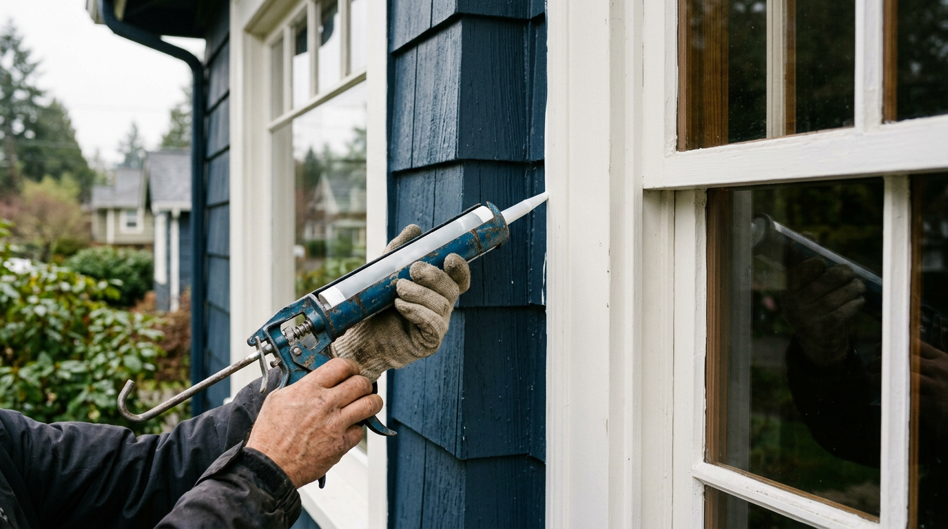 A handyman carefully applying new caulk to a window frame during pre-sale home prep in Arlington, WA.