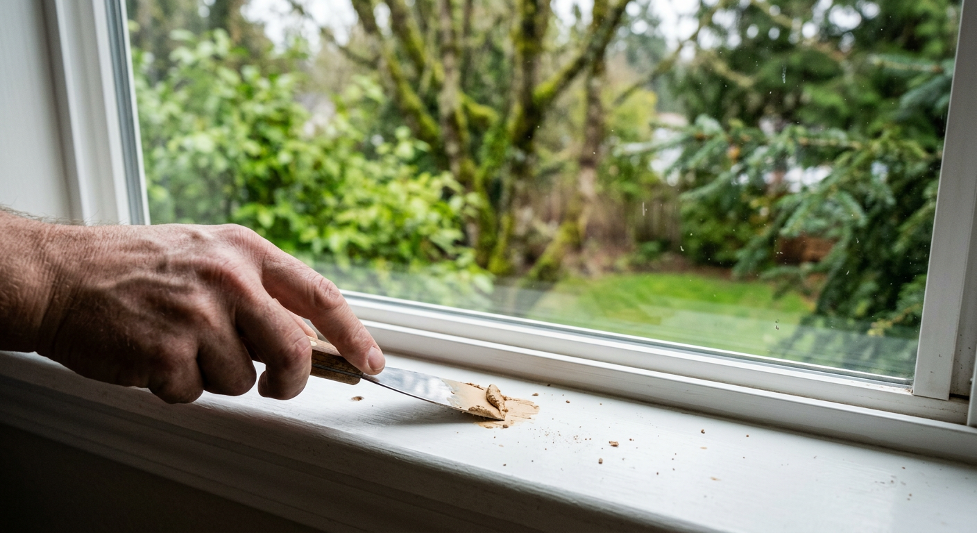 Applying wood filler to a window sill as part of pre-sale home prep in Arlington, WA.