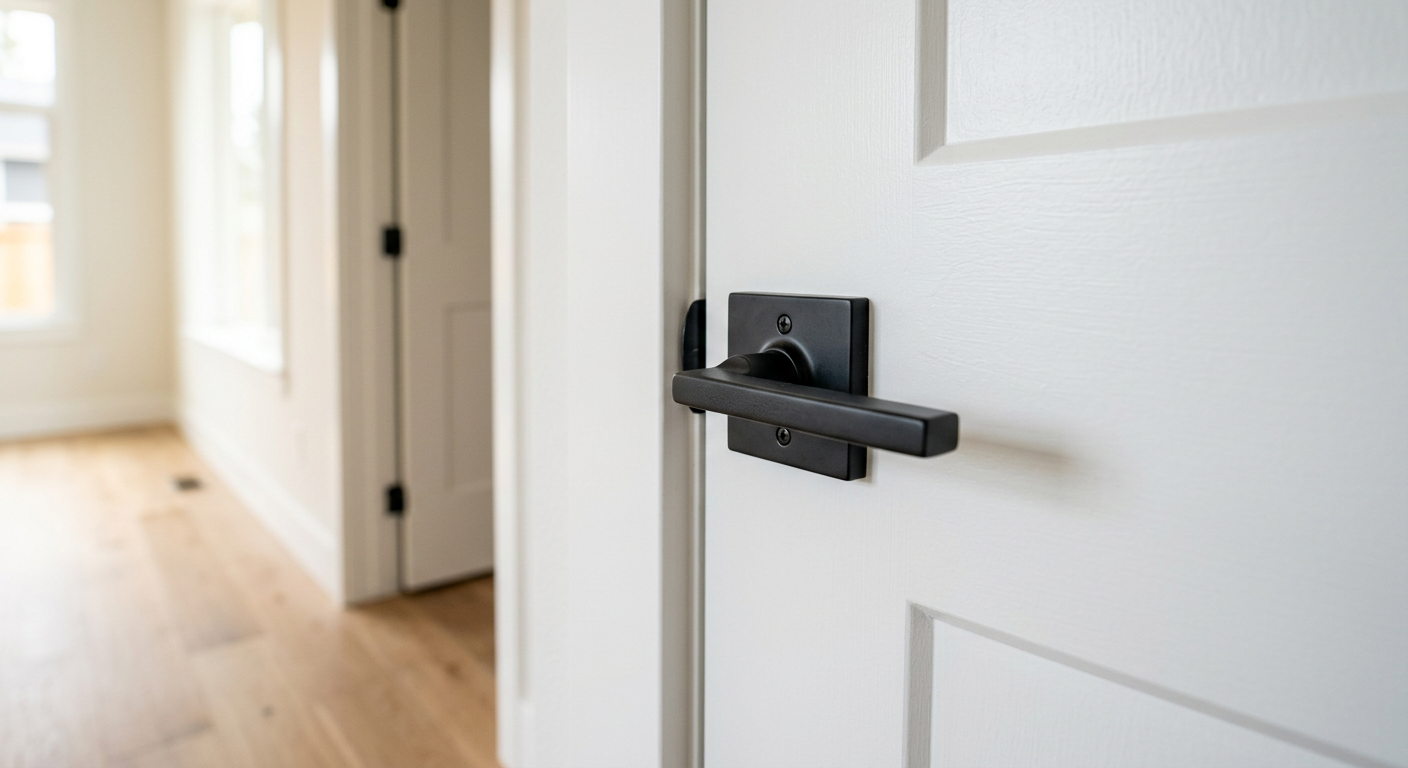 A close-up of a new black door handle on a white door, an example of pre-sale home prep in Bellevue WA.