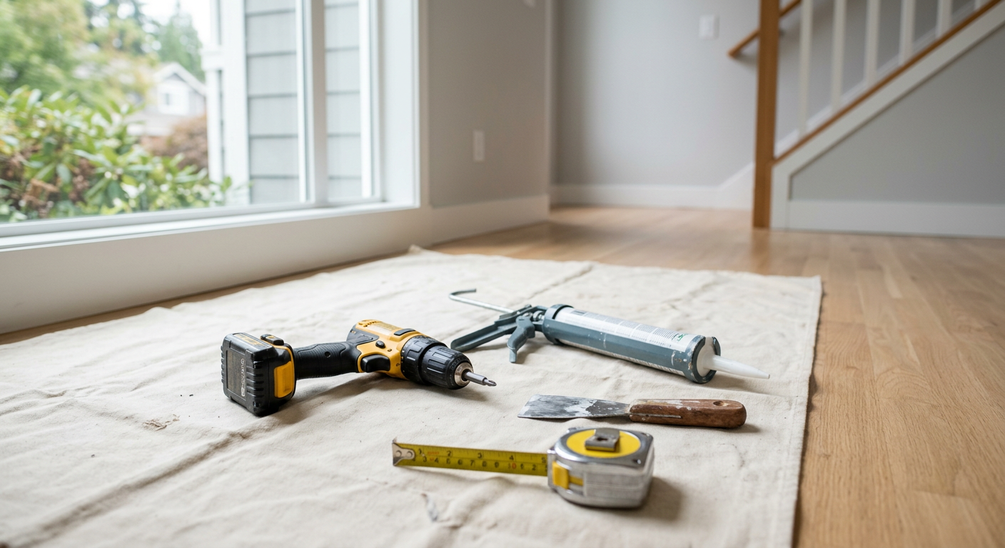 Handyman tools for pre-sale home prep laid out on a drop cloth in a Bellevue, WA home.