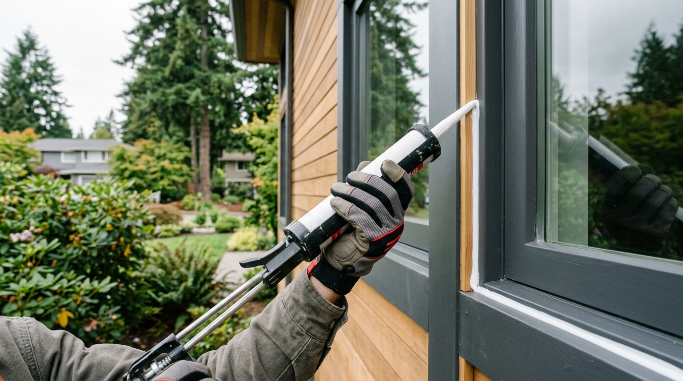 Applying fresh exterior caulk to a window as part of pre-sale home prep in Kenmore, WA.