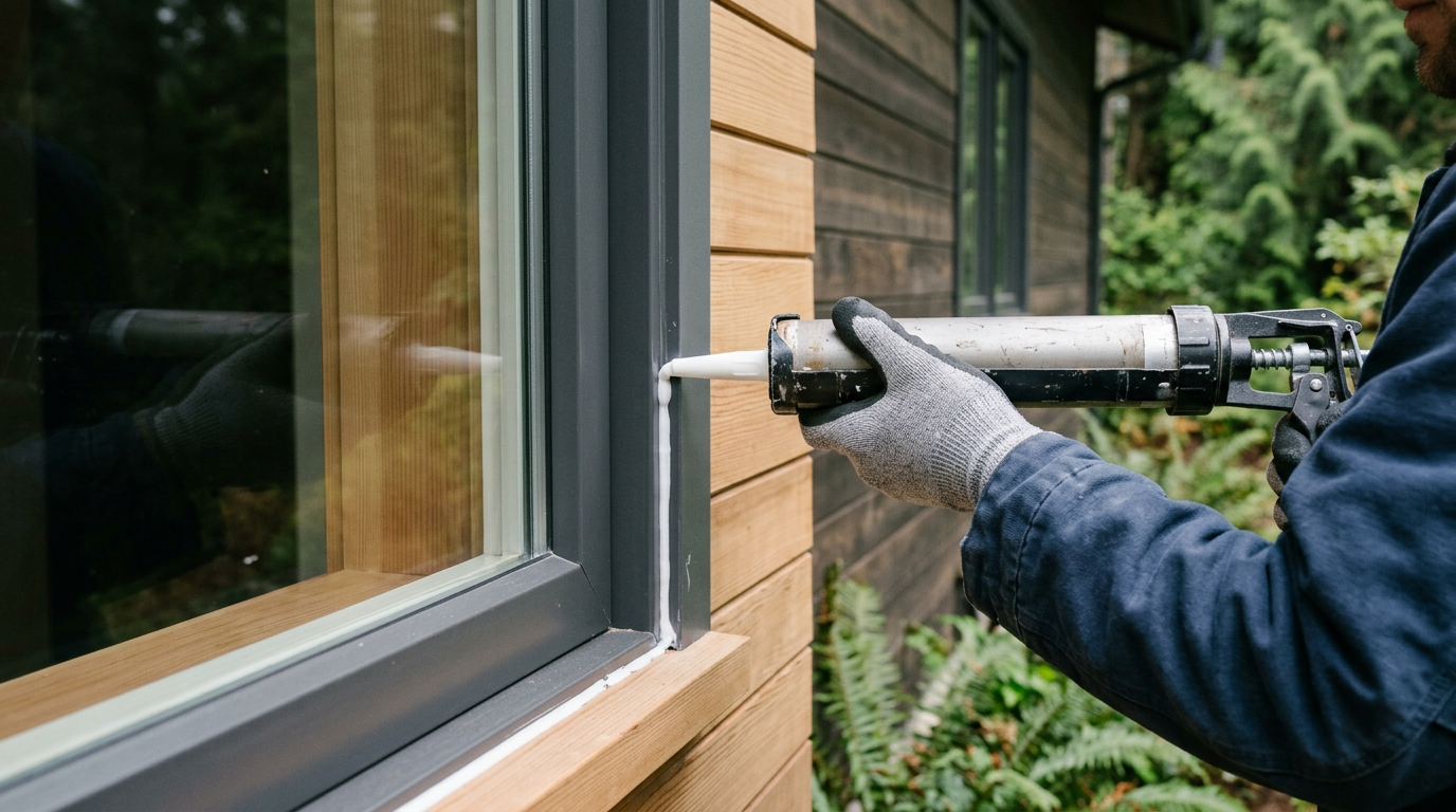A handyman performs pre-sale home prep by caulking a window on a beautiful home in Medina, WA.