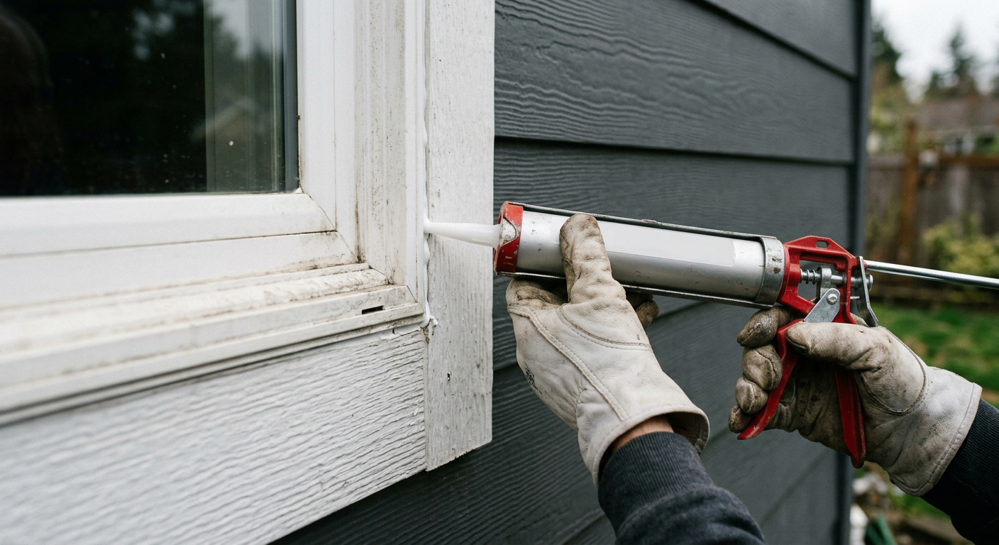 A handyman applying fresh exterior caulk to a window frame on a home in Monroe, WA as part of pre-sale home prep.