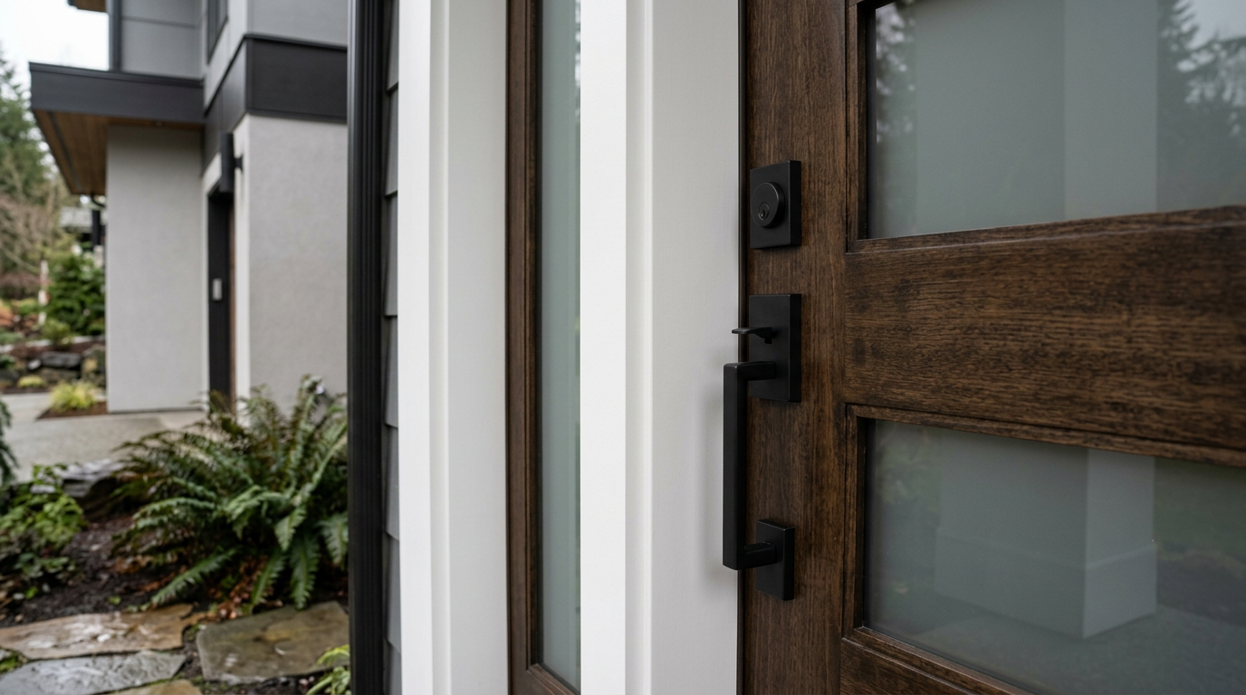 A close-up of a new front door and fresh trim on a home in Sammamish, WA, prepped for sale.