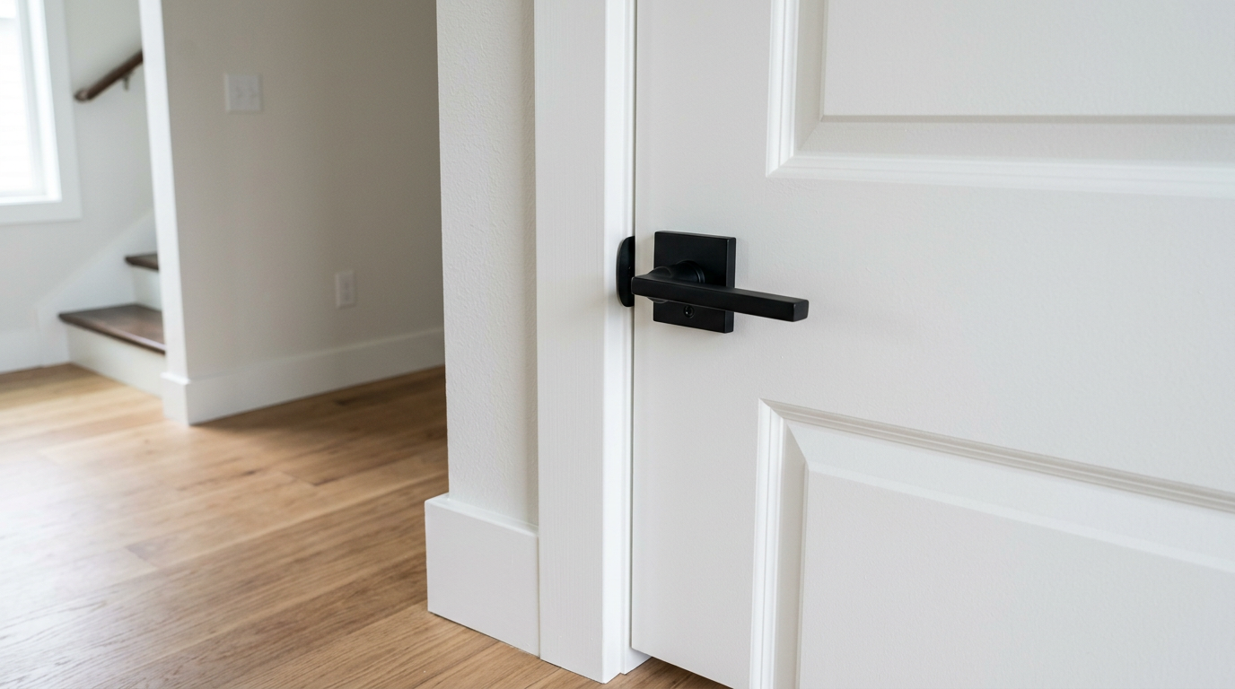 A close-up of a new matte black door handle on a freshly painted white door, representing market-ready home prep in Bellevue, WA.