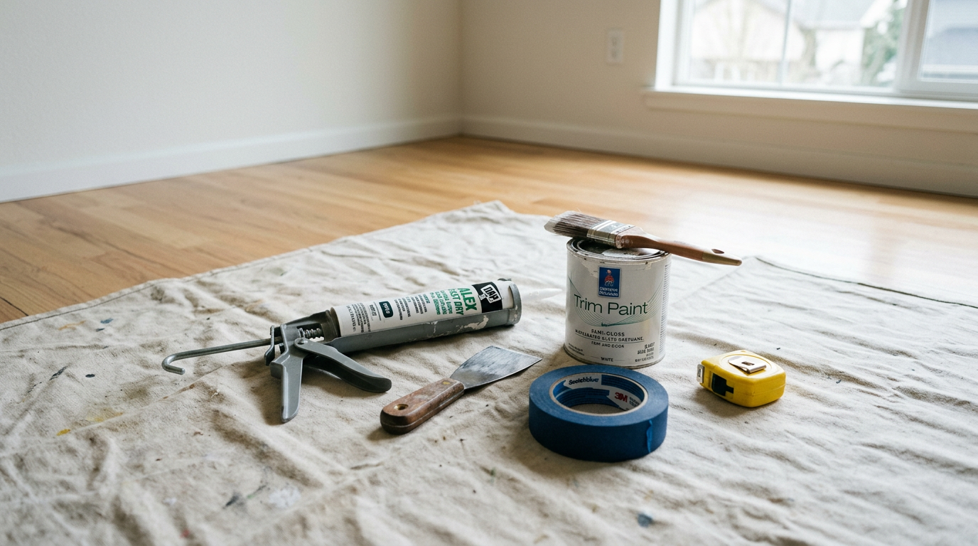 A set of handyman tools for pre-sale home prep on a drop cloth in a Kenmore home, ready for punch list repairs.