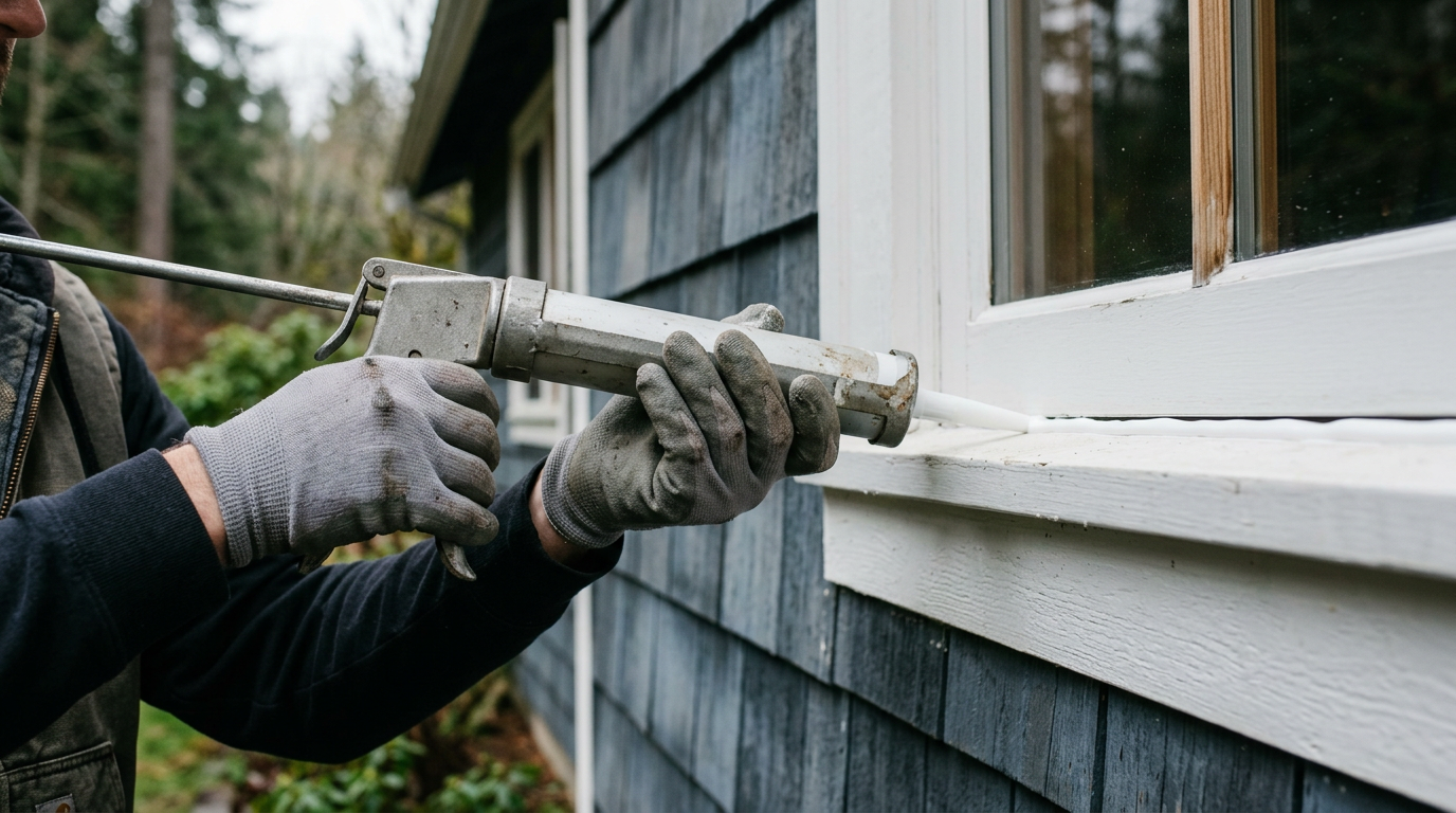 Applying fresh exterior caulk to a window frame as part of pre-sale home prep in Queen Anne, WA.