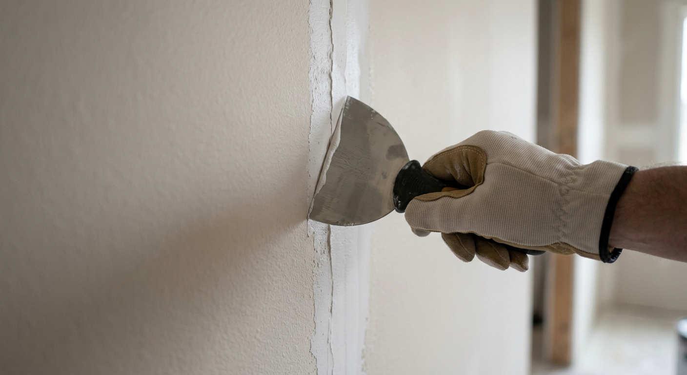 A close-up of a handyman performing pre-sale home prep on a drywall wall in a Kenmore, WA home.