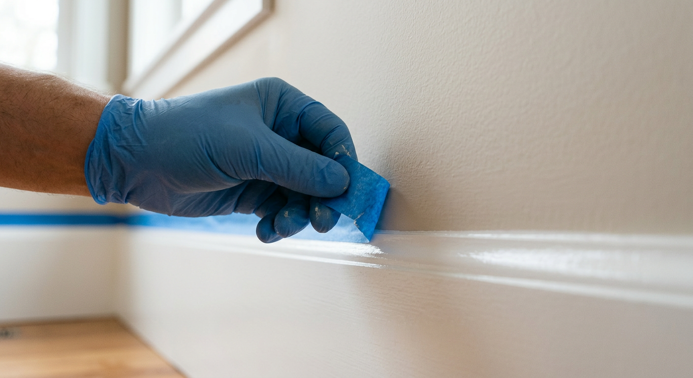 Close-up of a perfectly crisp paint line on a baseboard during a pre-sale home prep project in Medina, WA.