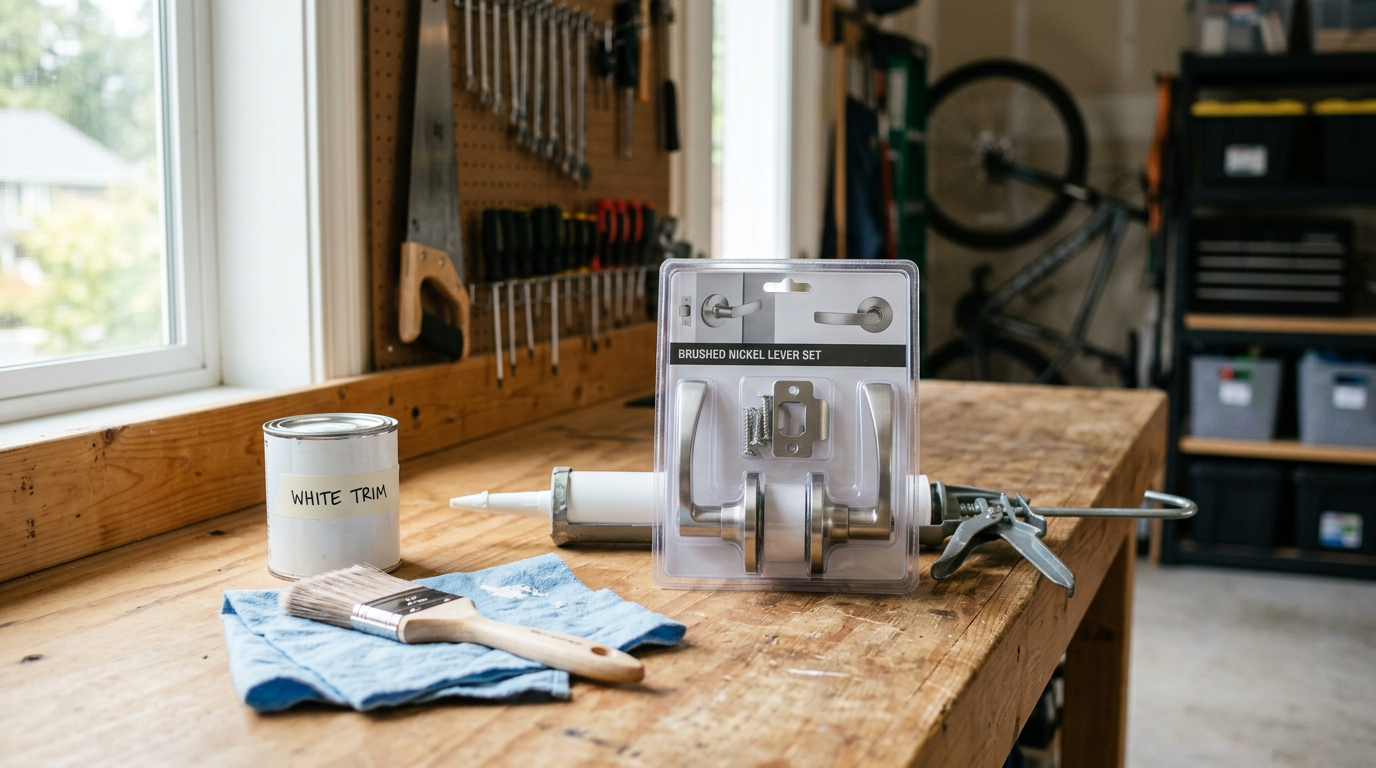 Tools for pre-sale home prep in Medina, WA, including paint, caulk, and a new door handle.