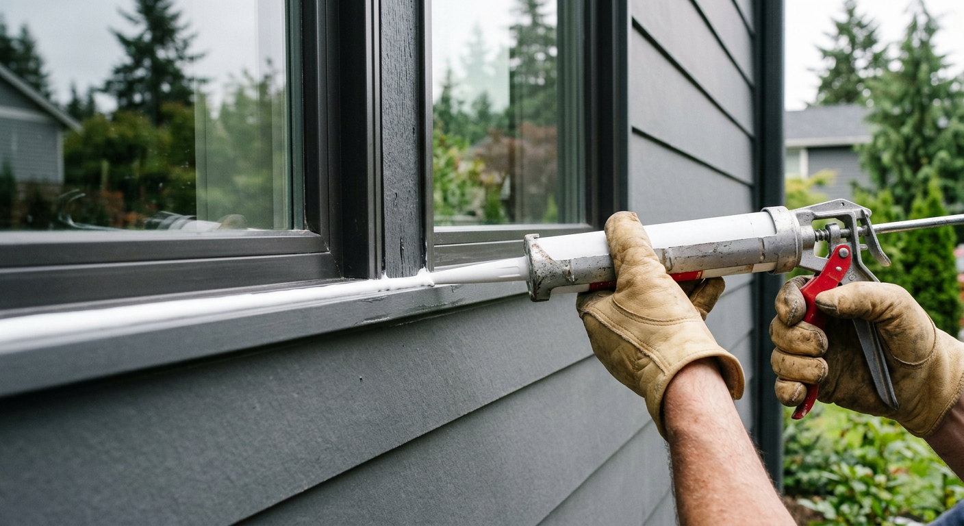 A professional handyman applying fresh exterior caulk to a window as part of pre-sale home prep in Medina, WA.