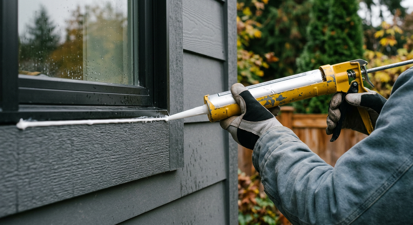 A professional handyman performing pre-sale home prep in Medina, WA by applying fresh caulk to a window.