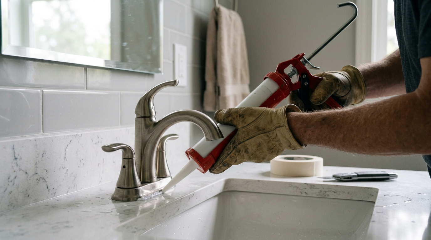 Applying a fresh bead of caulk around a bathroom faucet during a pre-sale home prep project in Monroe, WA.