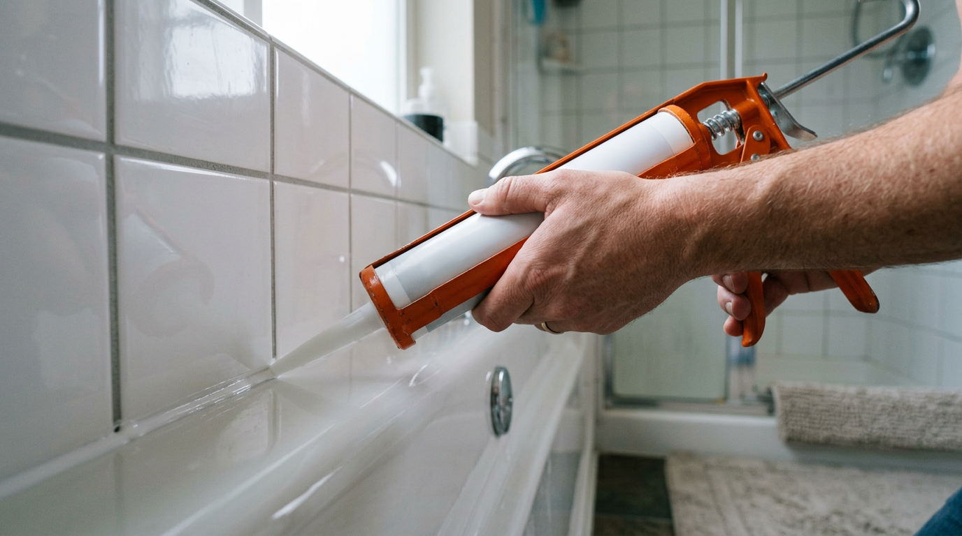 A close-up of a handyman performing pre-sale home prep in Monroe by applying fresh caulk to a bathtub.