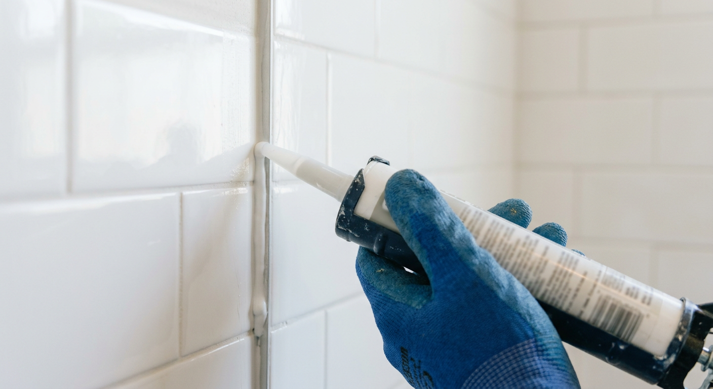 Applying a bead of caulk to a shower as part of a pre-sale home prep punch list in Queen Anne, WA.