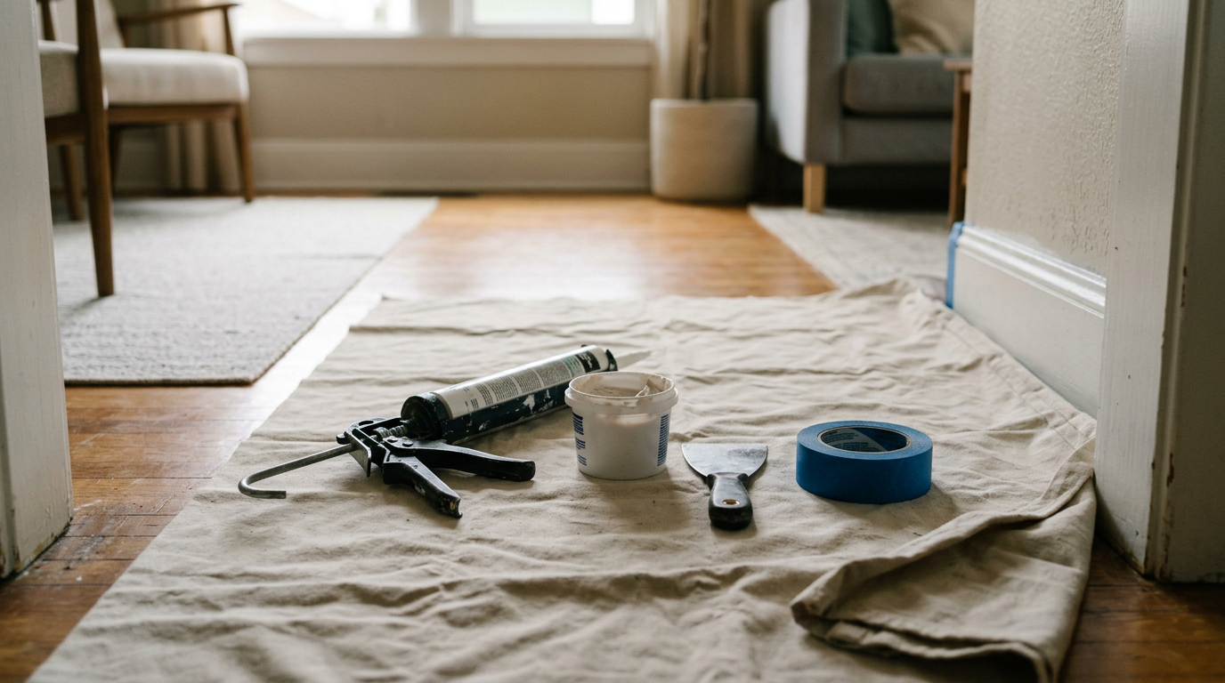 A neat arrangement of tools for pre-sale home prep on a drop cloth in a Queen Anne home.