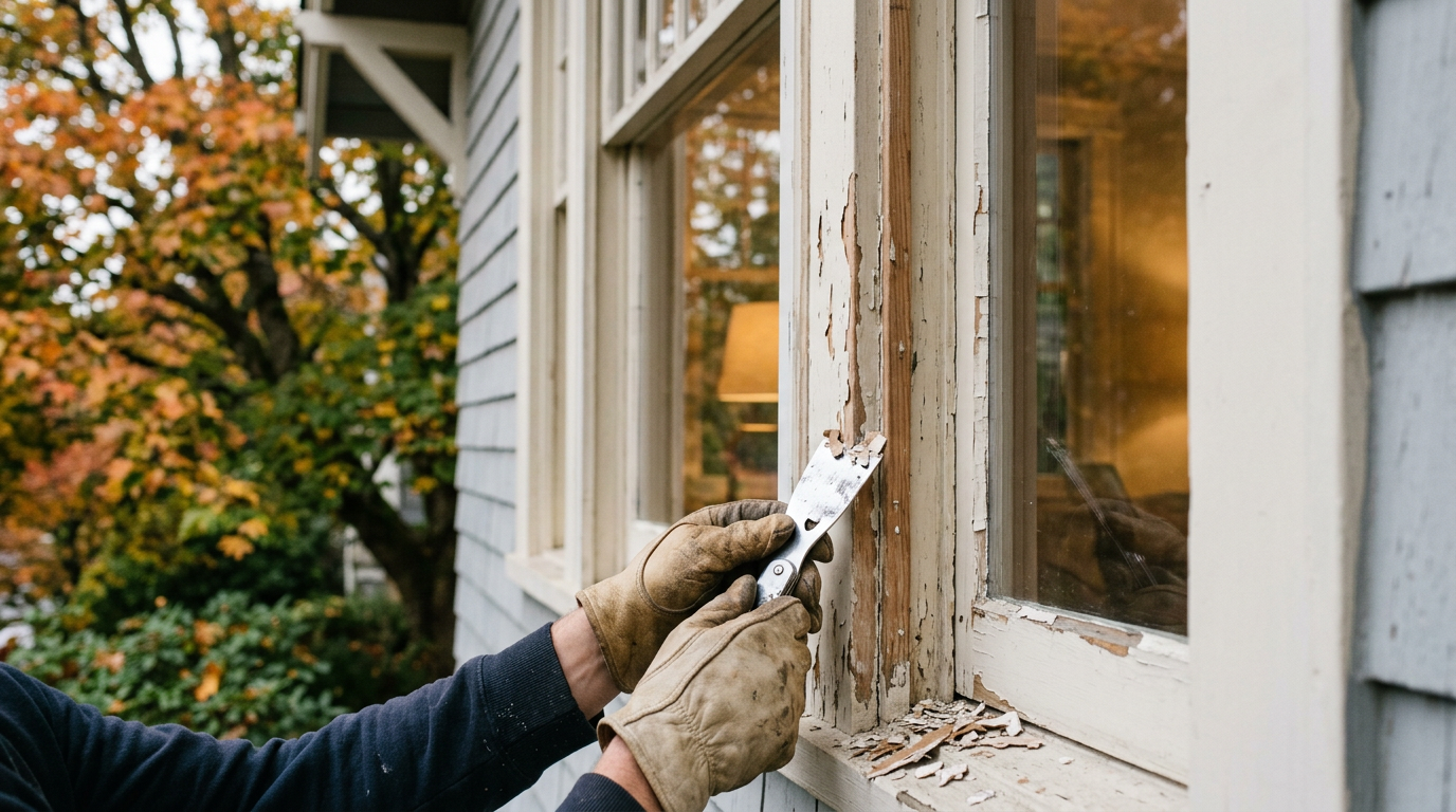 Contractor prepping an exterior window casing during pre-sale home prep in Queen Anne WA
