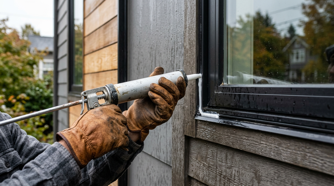 Applying fresh caulk to a window as part of pre-sale home prep in Queen Anne, WA.