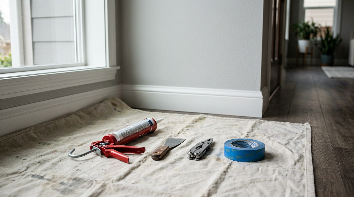 Tools for pre-sale home prep, including a caulking gun and putty knife, neatly arranged in a Sammamish home.