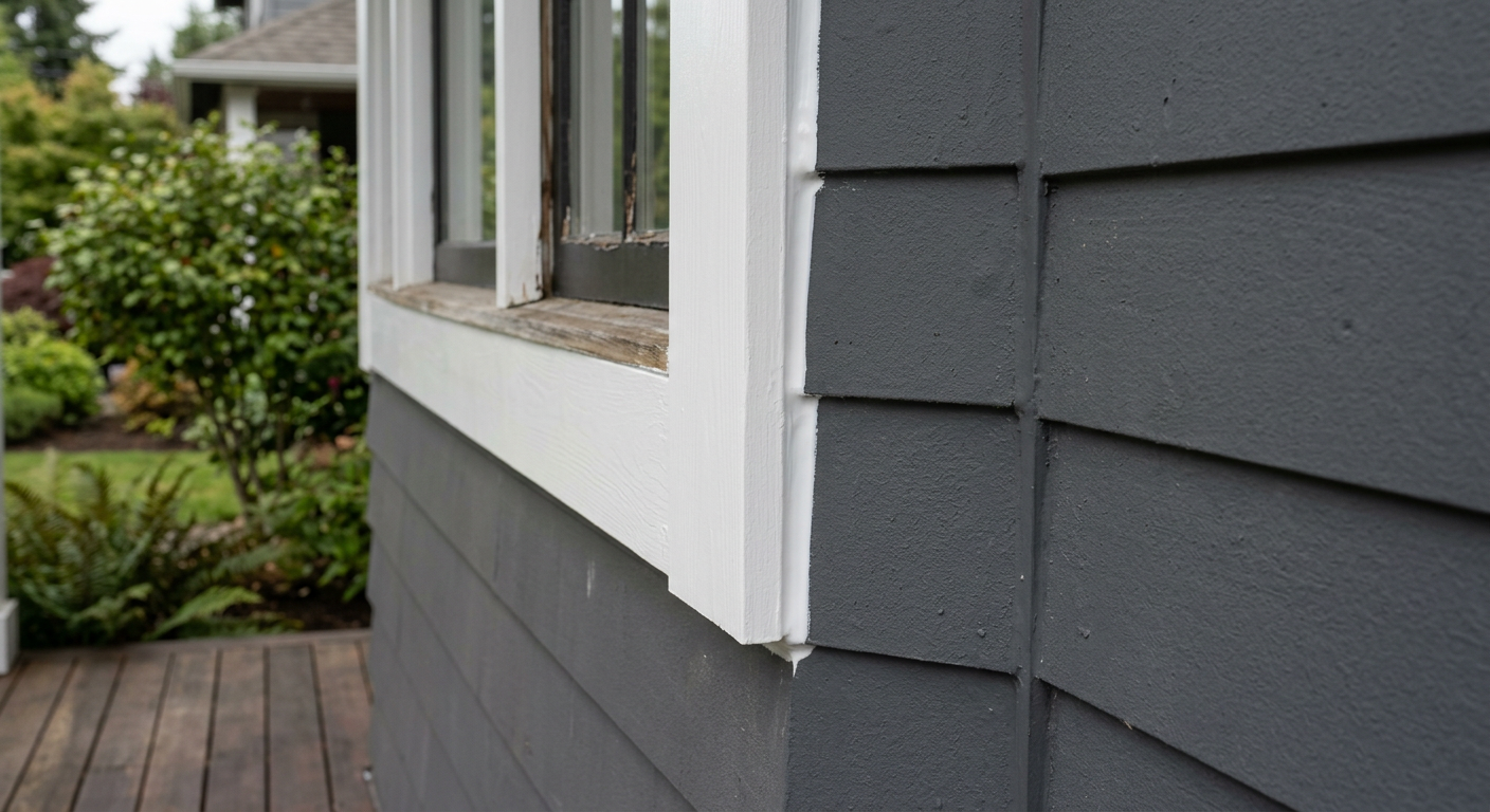 A close-up of a perfectly caulked and painted window corner after pre-sale home prep in Sammamish, WA.