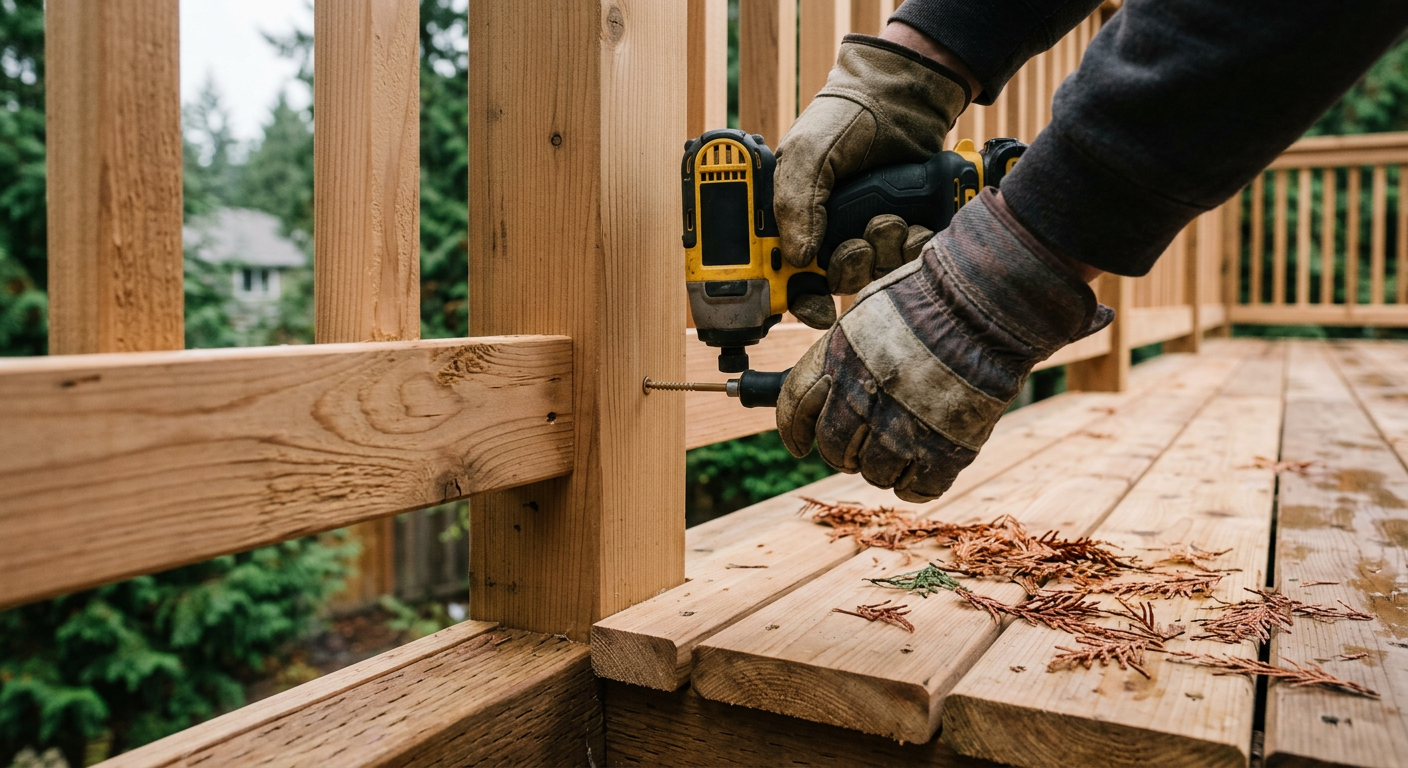 Contractor securing exterior deck railing hardware during pre-sale home prep in Sammamish WA