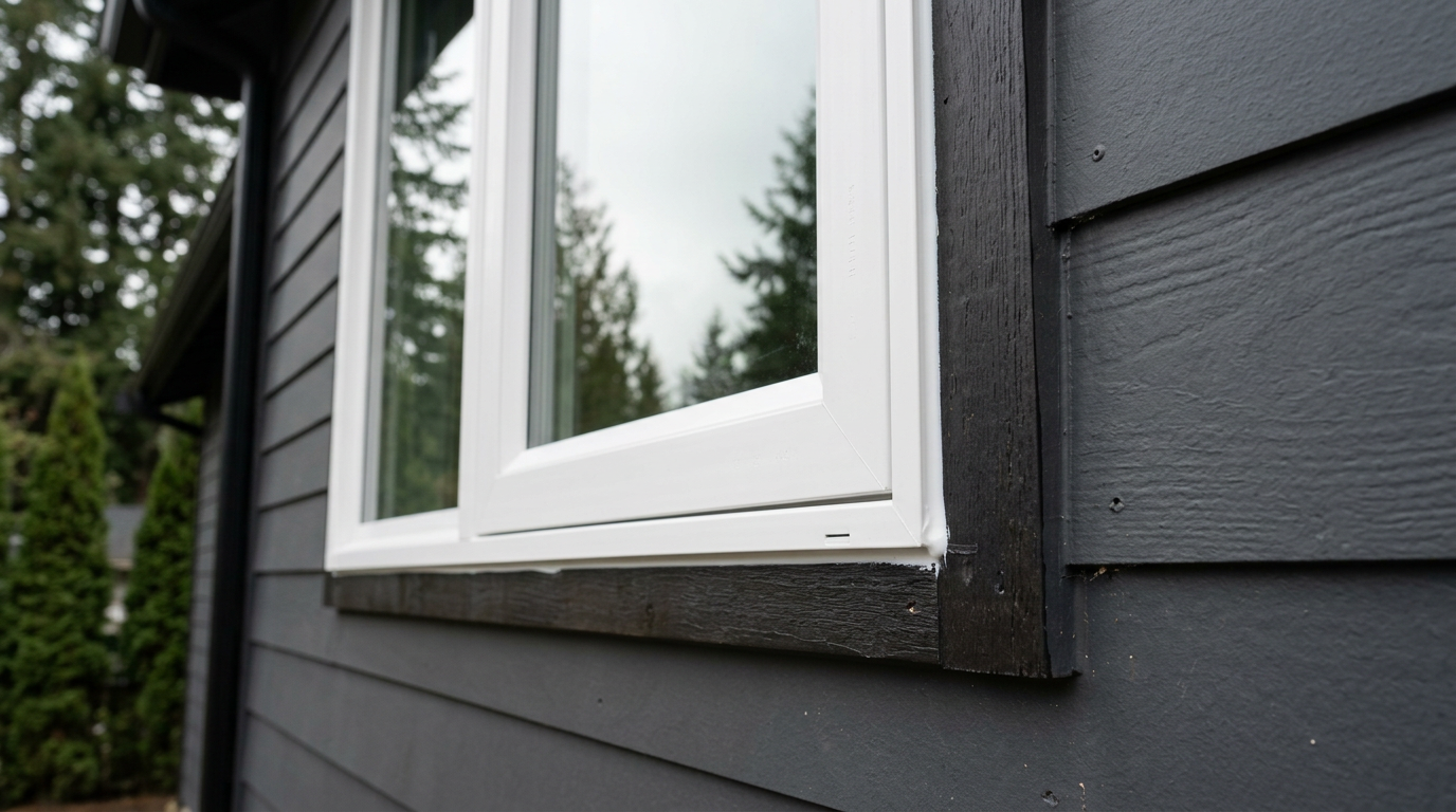 A freshly caulked window trim on a home in Sammamish, WA, prepped for selling.