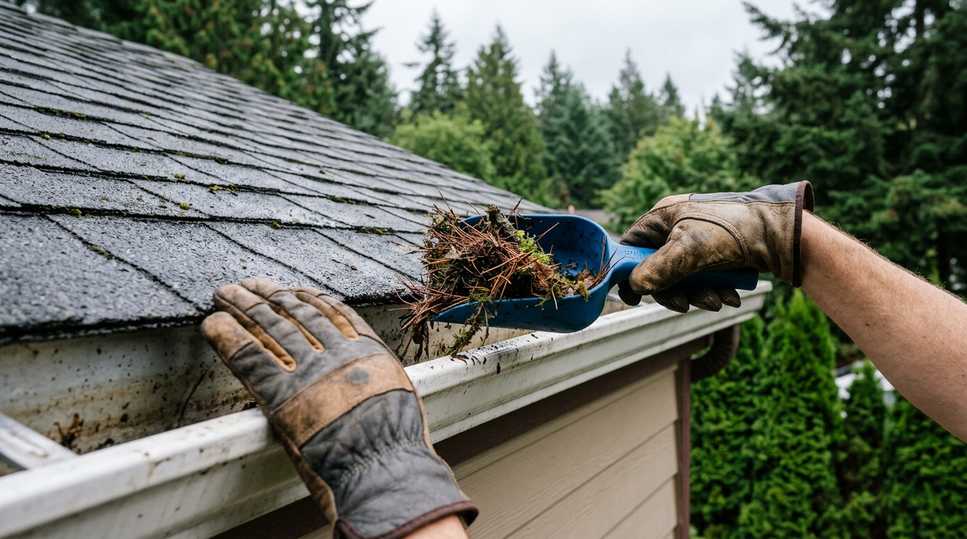 Clearing pine needles from a gutter as part of August property maintenance on a Shoreline home.