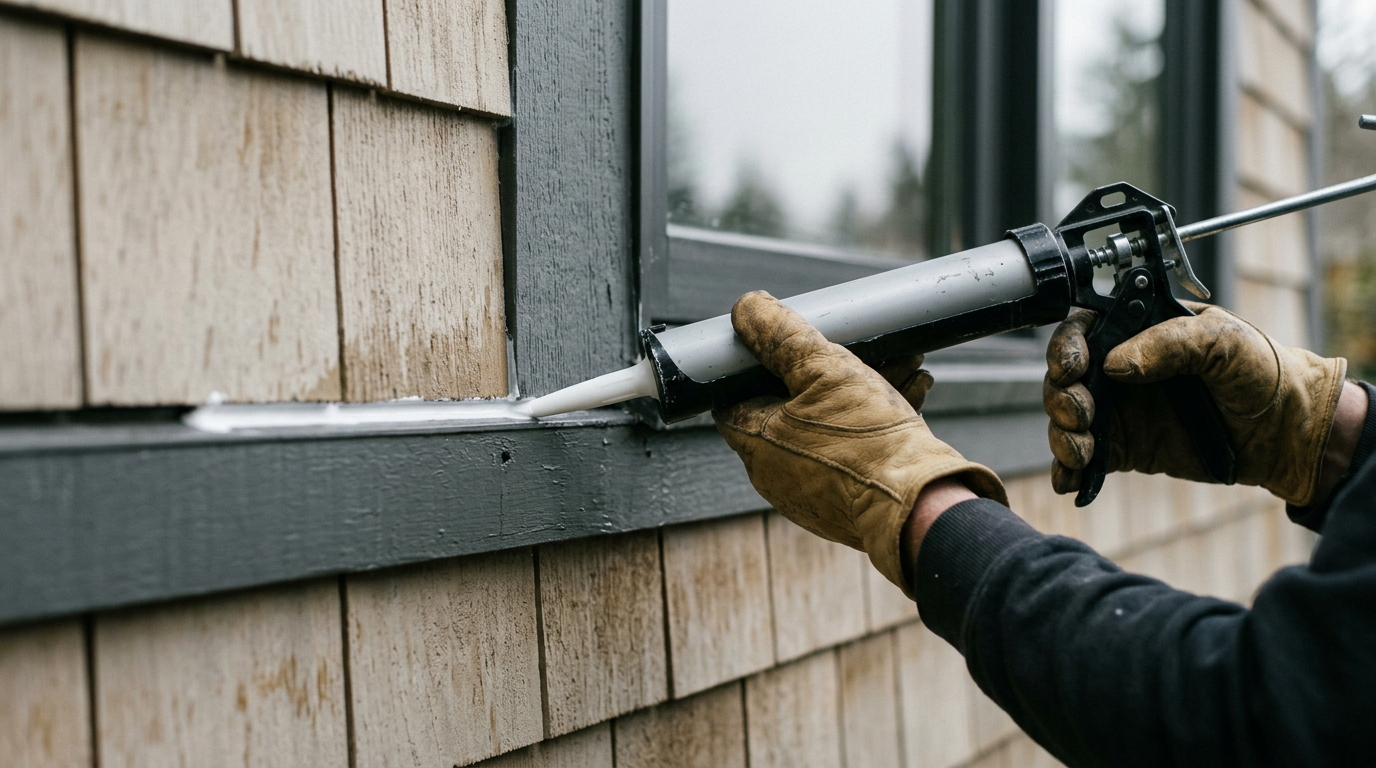 Applying fresh exterior caulk to a window frame during property maintenance on a home in Clyde Hill, WA.