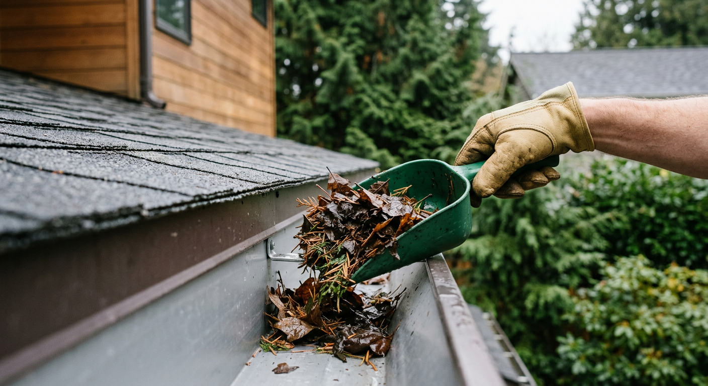 A House Spouse technician performing fall property maintenance by cleaning leaves from a gutter on a home in Clyde Hill, WA.