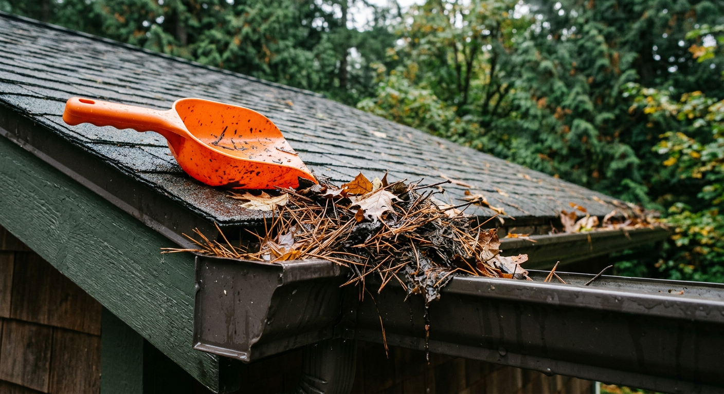 Fall property maintenance in Clyde Hill WA, showing a gutter full of fir needles before being cleaned.