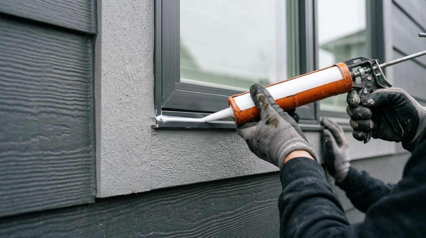 Applying a bead of caulk to a window frame during summer property maintenance on a home in Clyde Hill, WA.