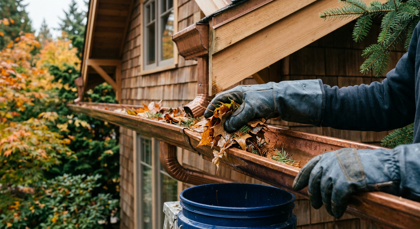 Close-up of fall gutter and roof maintenance on a cedar home in Clyde Hill WA