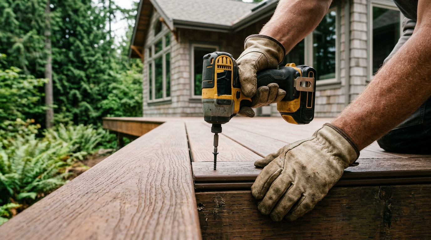 Handyman performing deck repairs as part of property maintenance on a luxury home in Clyde Hill.
