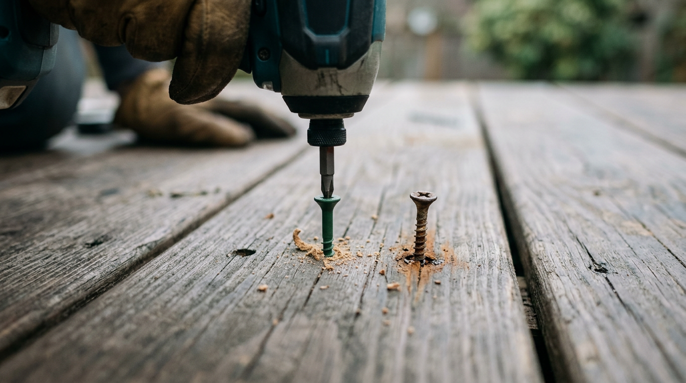 A hand using an impact driver to replace a rusty screw on a cedar deck during property maintenance in Greenwood, WA.