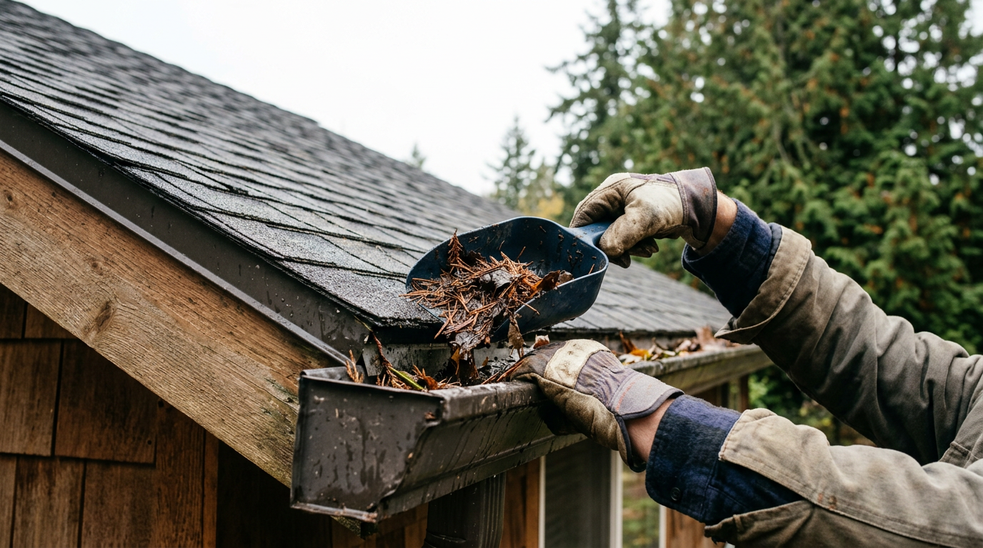 A close-up of hands cleaning wet fir needles from a gutter during a fall property maintenance visit in Redmond, WA.