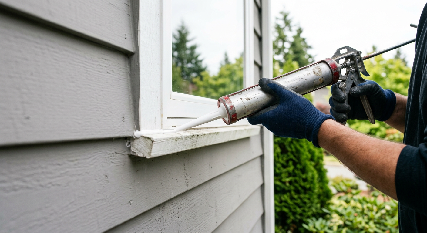 Applying a bead of caulk to a window frame as part of property maintenance on a home in Shoreline, WA.