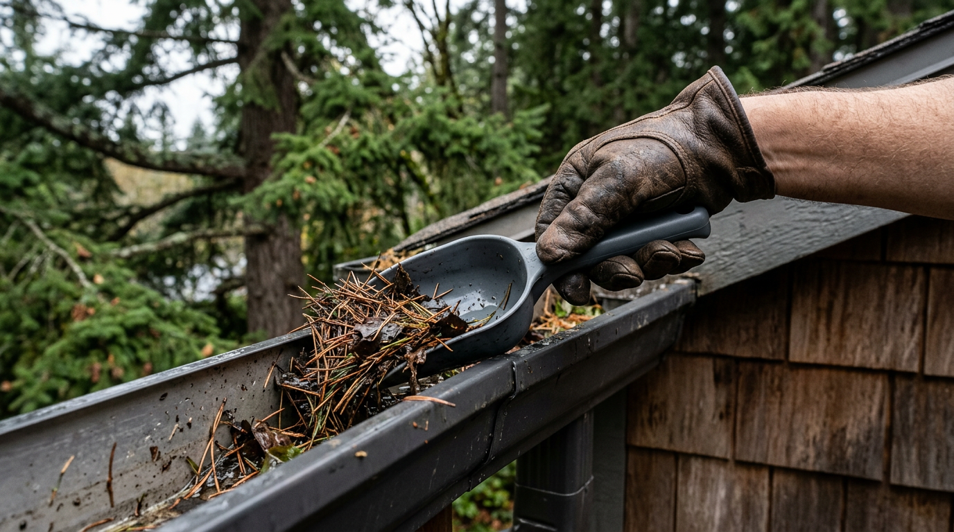A hand in a work glove cleaning fir needles from a gutter during fall property maintenance in Yarrow Point, WA.