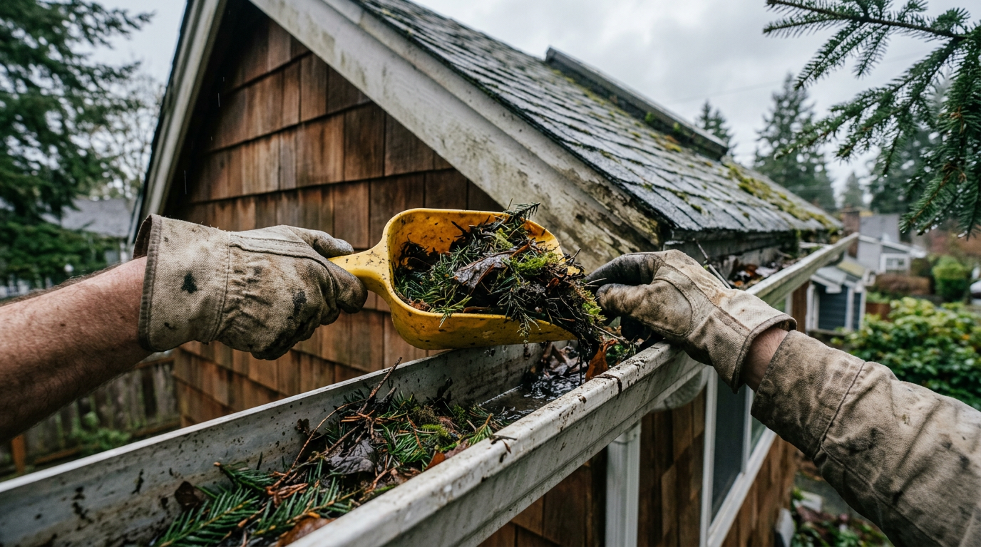 Close-up of hands cleaning fir needles from a gutter during fall property maintenance in Greenwood, WA.