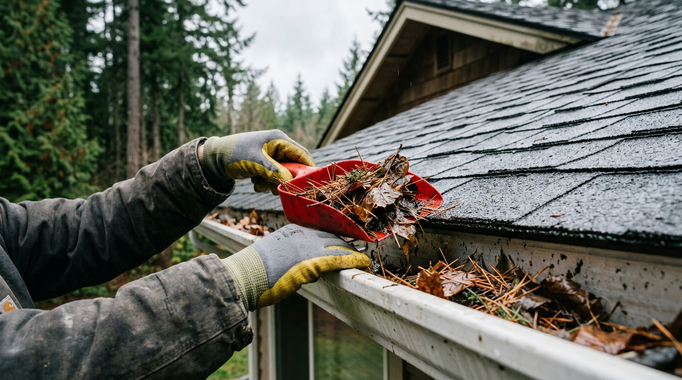 A House Spouse handyman performing fall property maintenance by cleaning leaves from the gutters of a home in Greenwood, WA.
