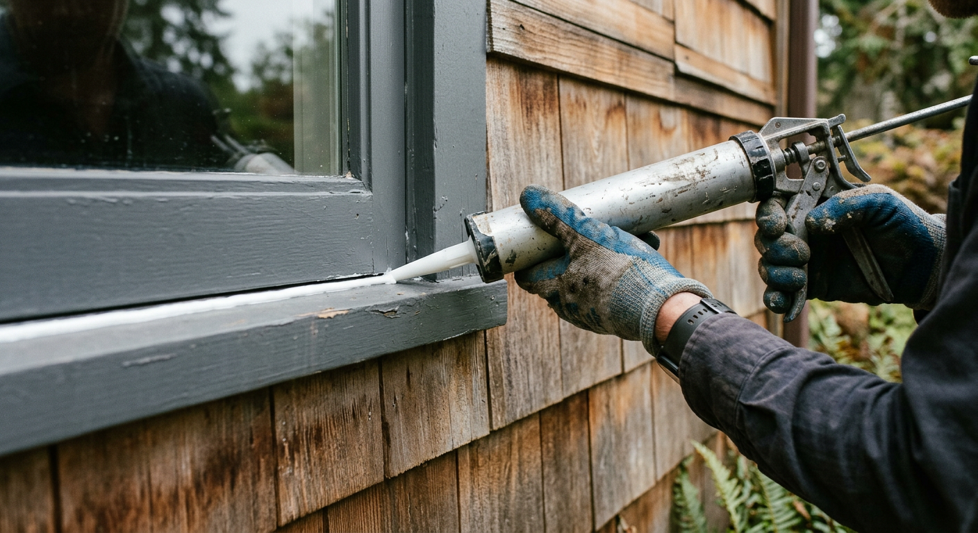 Applying a bead of caulk to a window frame during summer property maintenance on a home in Greenwood, WA.