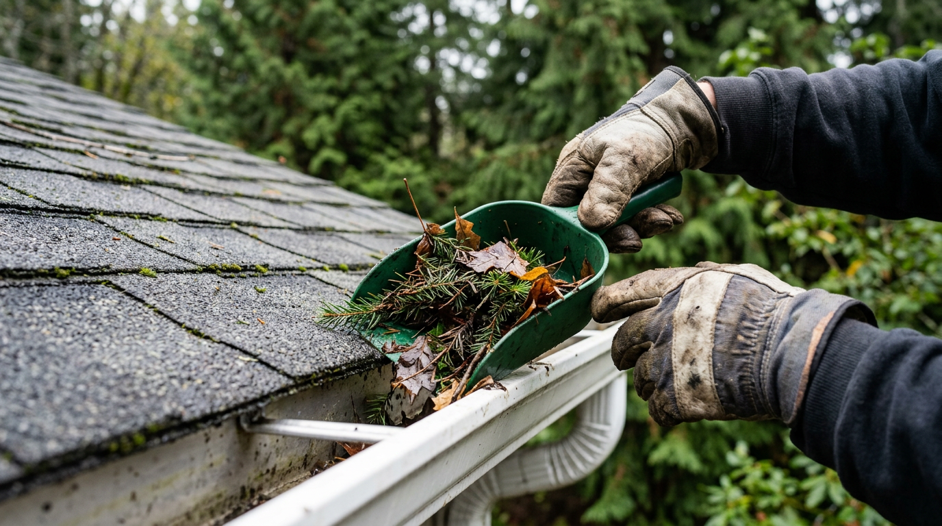 A gloved hand cleaning fir needles from a gutter during property maintenance on a Lynnwood, WA home.