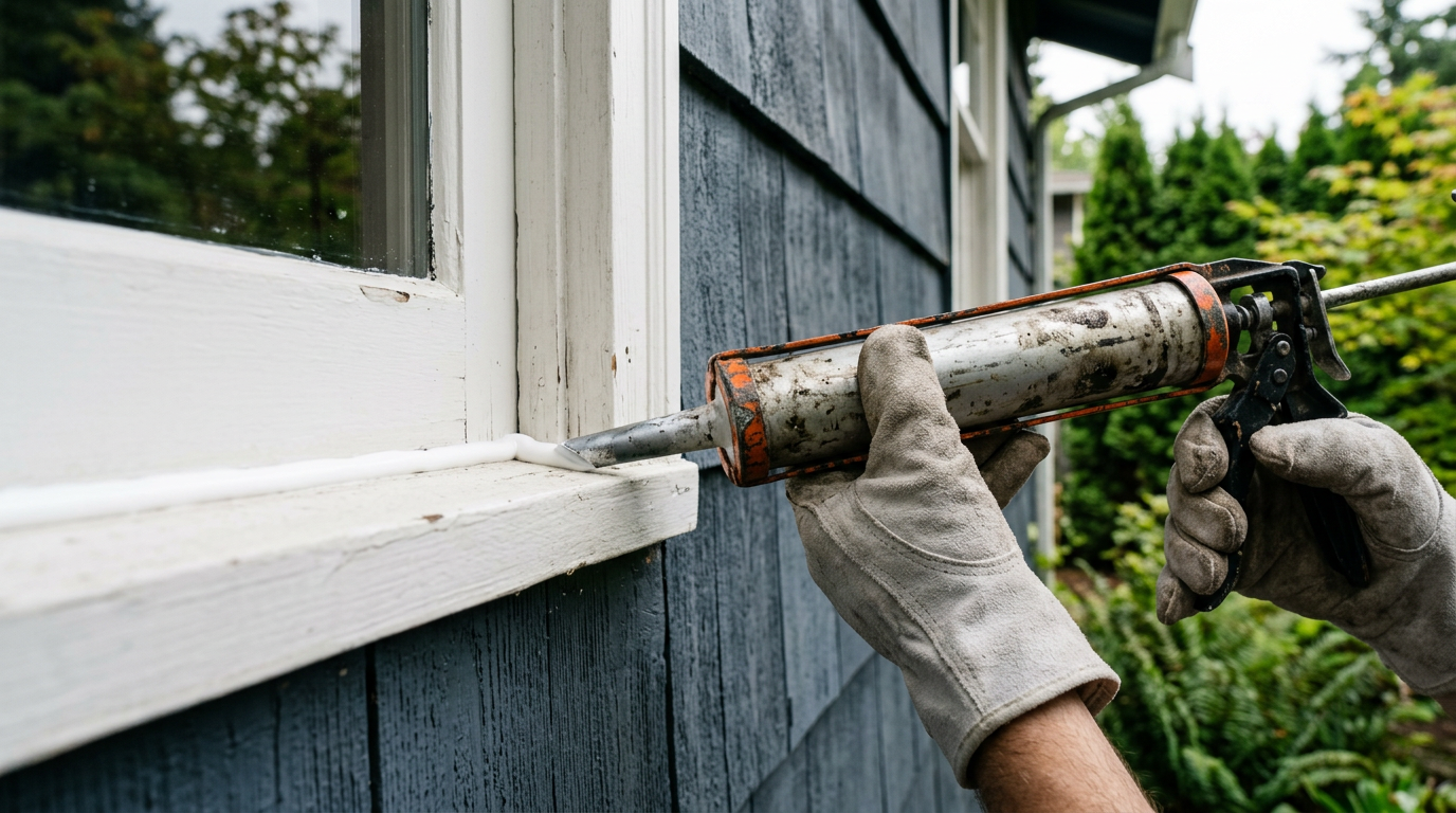 Applying a bead of caulk to an exterior window trim as part of professional property maintenance in Lynnwood, WA.