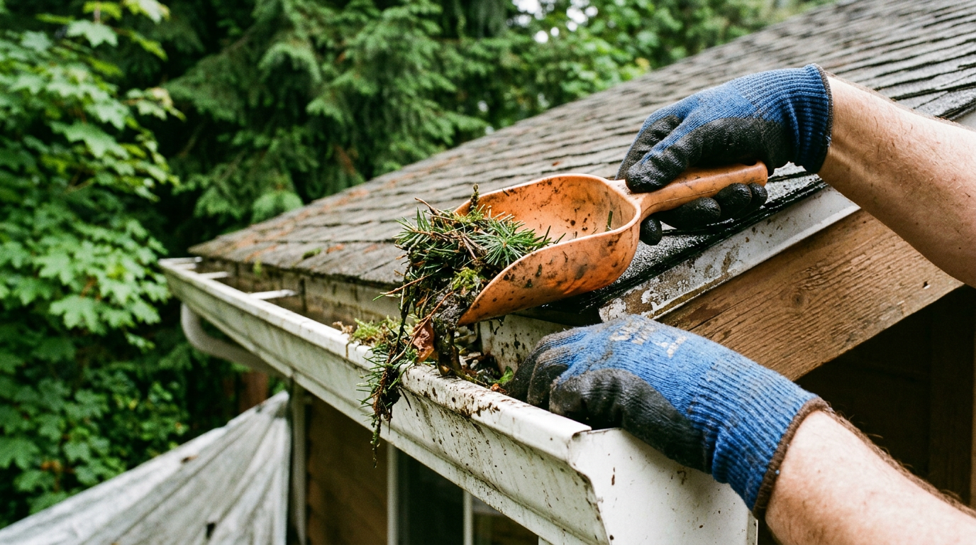 A House Spouse technician performing fall property maintenance on a home in Lynnwood, WA by cleaning pine needles from a gutter.