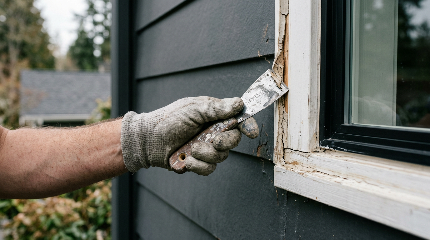 Removing old window caulk during property maintenance on a Mercer Island home.
